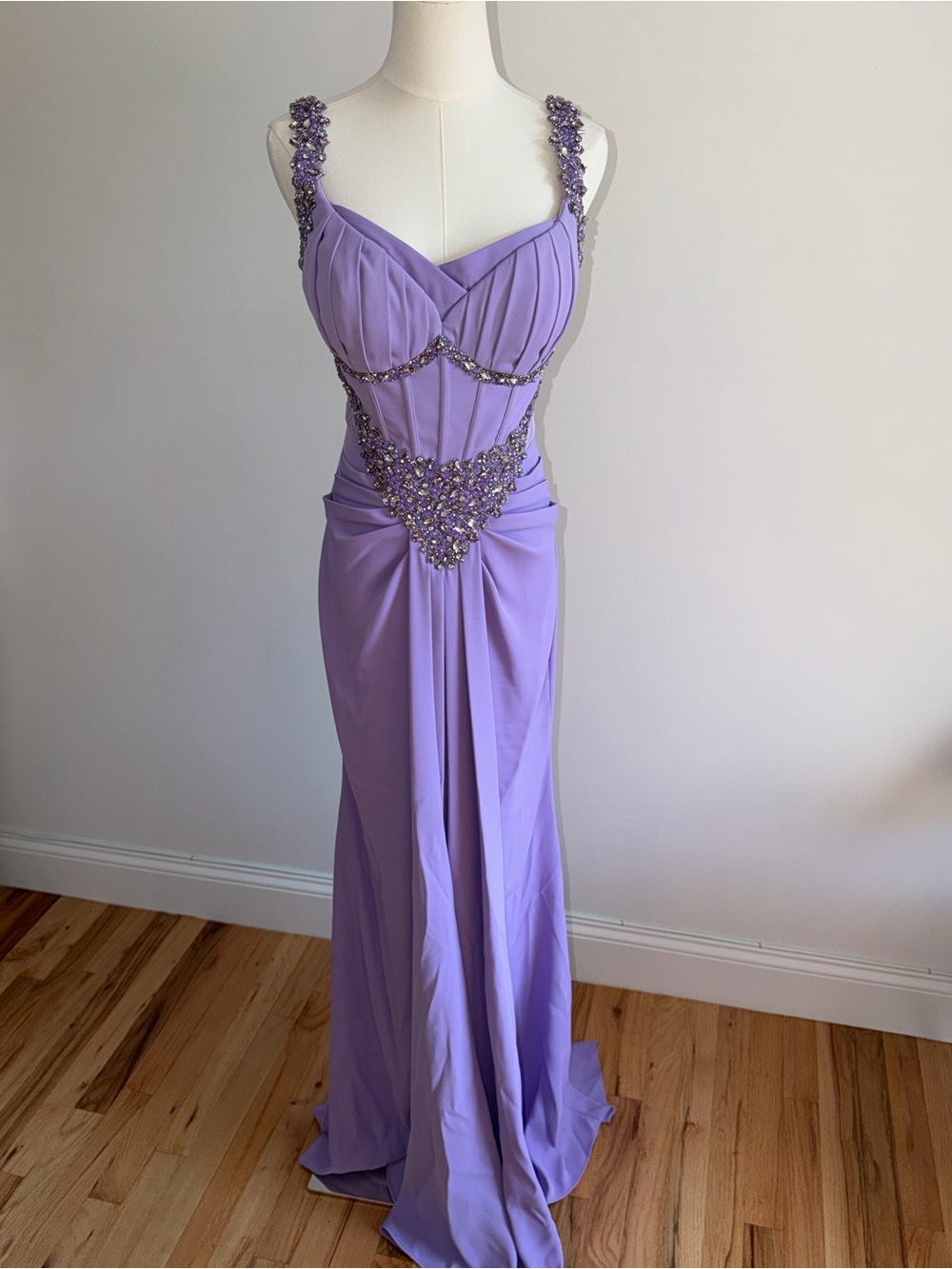 Lavender Evening Gown with Basque Waist and Drape Detail